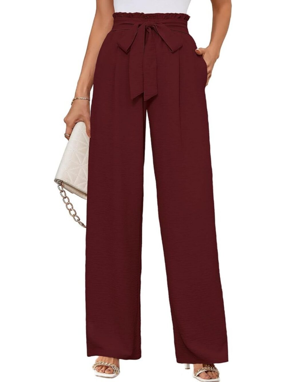Women's Rust Red Wide Leg Pant High Waisted Tie Knot Loose Comfy Casual Trouser